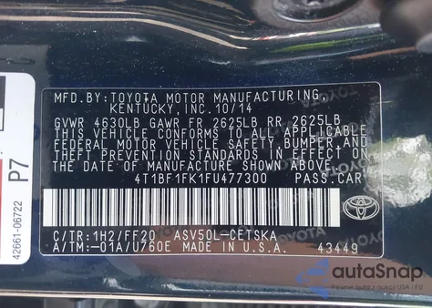 2015 Toyota Camry Se z USA, uszkodzony, nr VIN 4T1BF1FK1FU477300